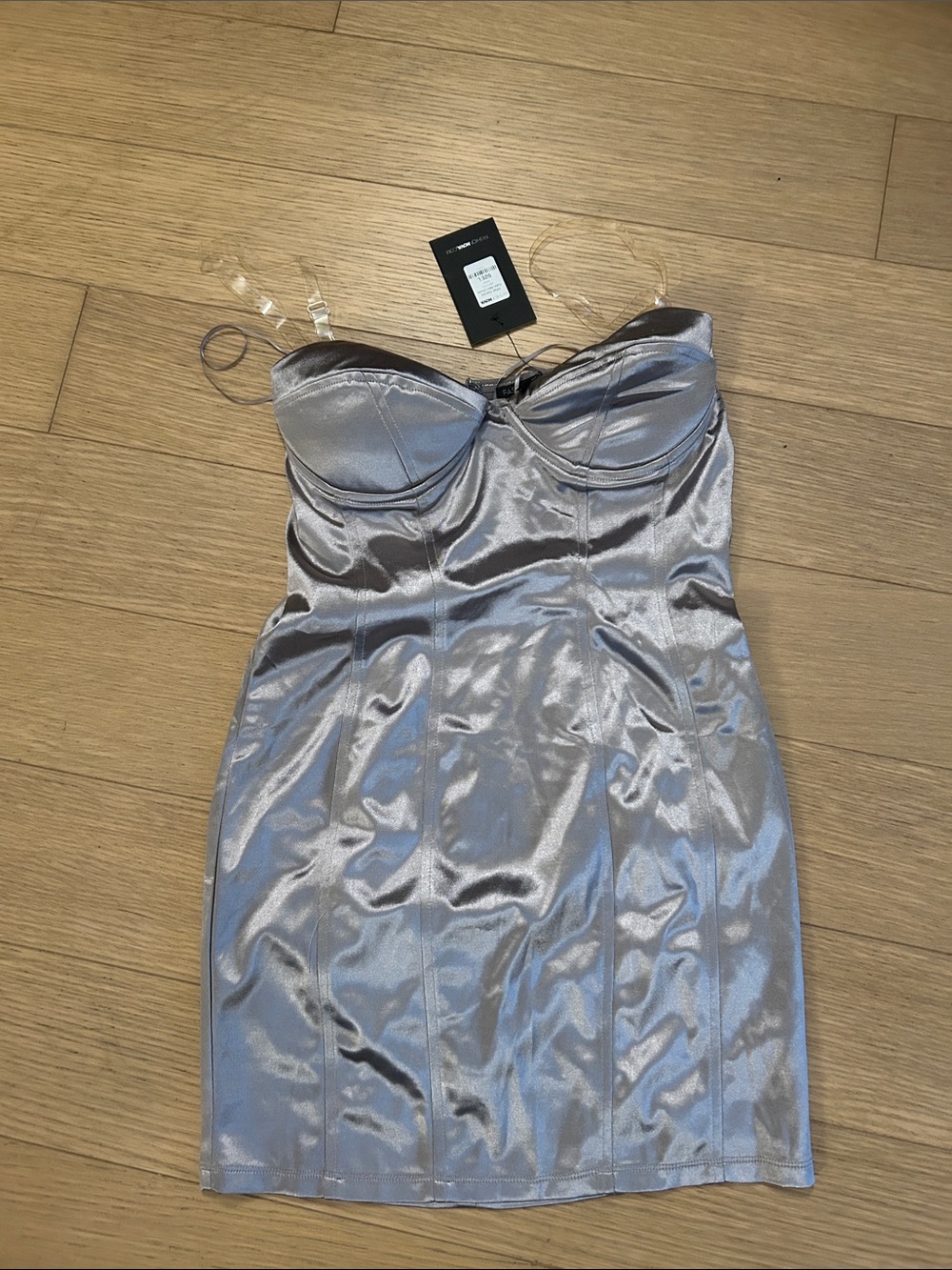 Fashion Nova Strapless Satin Bodycon Dress - Silver